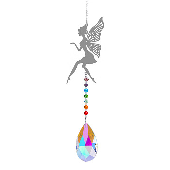 Metal Big Pendant Decorations, Hanging Sun Catchers, Chakra Theme K9 Crystal Glass, Fairy, Colorful, 42cm