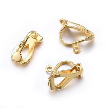 304 Stainless Steel Clip-on Earring Findings, with Round Flat Pad, Real 24K Gold Plated, 12x6x8.5mm, Hole: 1mm