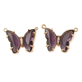 Brass Pave Faceted Glass Connector Charms, Golden Tone Butterfly Links, Purple, 17.5x23x5mm, Hole: 0.9mm