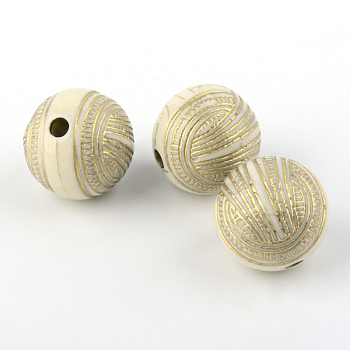 Round Plating Acrylic Beads, Golden Metal Enlaced, Beige, 15.5x16mm, Hole: 2.5mm, about 225pcs/500g