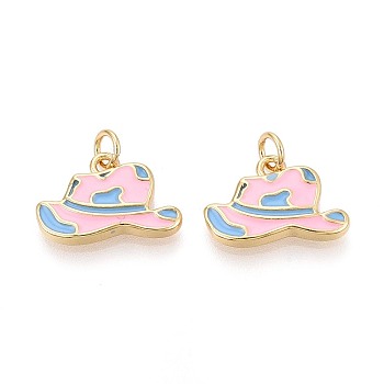 Brass & Enamel Pendants, Hat Charms, Real 16K Gold Plated, Pink, 11.5x17.5x2.5mm, Hole: 3mm, Jump Ring: 5x0.8mm, 3mm inner diameter