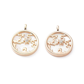 Rack Plating Brass Shell Pendants, with Cubic Zirconia, Long-Lasting Plated, Flat Round Charms, Real 18K Gold Plated, 21.5x17x3mm, Hole: 3x2mm