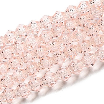 Transparent Glass Beads Strands, Faceted, Bicone, Pink, 3x2.5mm, Hole: 0.7mm, about 162~185pcs/strand, 12.76~14.61 inch(32.4~37.1cm)