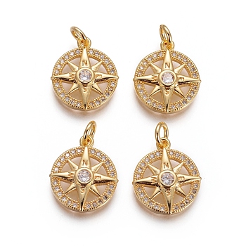 Brass Pendants, with Micro Pave Cubic Zirconia and Jump Rings, Compass, Clear, Golden, 16x13x3mm, Hole: 3mm