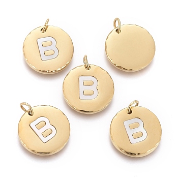 316 Surgical Stainless Steel Pendants, with Shell and Jump Rings, Flat Round with Alphabet, Golden, Letter.B, 15.5x2mm, Hole: 3.6mm