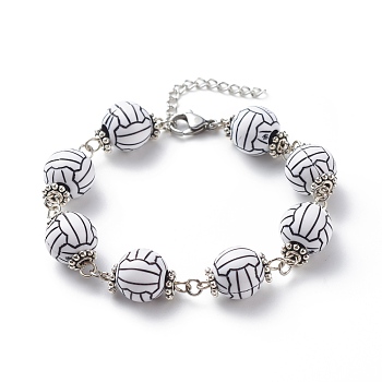 Sport Ball Theme Acrylic Round Beaded Bracelet, 304 Stainless Steel Jewelry for Men Women, Platinum, Volleyball Pattern, 7-1/4 inch(18.5cm)