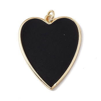 Brass Enamel Pendants, with Jump Ring, Cadmium Free & Nickel Free & Lead Free, Rack Plating, Heart, Real 18K Gold Plated, Black, 31x25x2mm, Hole: 3mm