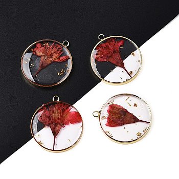 Transparent Clear Epoxy Resin Pendants, with Edge Golden Plated Brass Loops and Gold Foil, Flat Round Charms with Inner Flower, Misty Rose, 33.8x30x4mm, Hole: 2.5mm