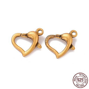 925 Sterling Silver Lobster Claw Clasps, Heart, Antique Golden, 10x11.5x3.5mm, Hole: 1.2mm, Inner Diameter: 5.5X6.5mm