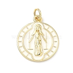 Brass Enamel Pendants, Flat Round with Virgin Mary Charms, Long-Lasting Plated, Rack Plating, Lead Free & Cadmium Free, Real 18K Gold Plated, White, 20x17x2.5mm, Jump Ring: 5x1mm, Hole: 3mm(KK-H255-05G-02)