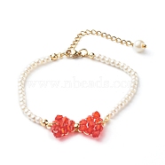 Glass Pearl Beaded Bracelets, with Transparent Acrylic Pendants and Brass Beads, Golden, Bowknot, Red, 3.5mm, 7.24 inch(18.4cm) (X1-BJEW-TA00004)