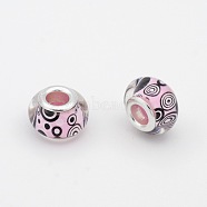 Circle Pattern Resin European Beads, Large Hole Rondelle Beads, with Silver Tone Brass Cores, Pearl Pink, 14x9mm, Hole: 5mm(RPDL-J019-03)