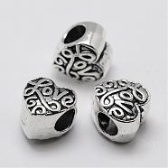Alloy European Beads, Heart, Large Hole Beads, Antique Silver, 10.5x10x8mm, Hole: 5mm(PALLOY-P120-14)