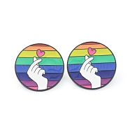 Alloy Enamel Brooches, Enamel Pin, with Butterfly Clutches, Rainbow Flat Round with Gesture for Finger Heart, Electrophoresis Black, Colorful, 11x32.5mm(JEWB-M020-06-EB)