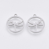 201 Stainless Steel Pendants, Laser Cut Pendants, Flat Round with Dragonfly, Stainless Steel Color, 16.5x14.5x1mm, Hole: 1.4mm(STAS-T044-84P)