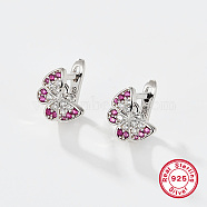 Rhodium Plated Platinum Plated 925 Sterling Silver Hoop Earrings, Cubic Zirconia Butterfly Earrings, with 925 Stamp, Deep Pink, 10x9mm(QT4632-3)