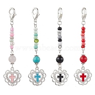 4Pcs Glass Seed Bead Pendant Decorations, with Alloy Enamel Heart Charms and Gemstone, Platinum, 86mm, 4pcs/set(HJEW-MZ00053)