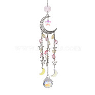 Glass Pendant Decoration, with Alloy Hollow Moon & Star Charm, for Home Decoration, Hot Pink, 265mm(HJEW-TA00087-03)
