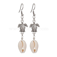 Natural Shell Dangle Earrings, Tibetan Style Alloy Sea Turtle Long Drop Earrings with 304 Stainless Steel Pins, Antique Silver, 69.6x12.6mm(EJEW-JE05442)