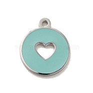 304 Stainless Steel Enamel Charms, Flat Round with Hollow Heart Charm, Stainless Steel Color, Aqua, 12x10x1mm, Hole: 1mm(STAS-B074-03P-03)