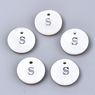 Natural Freshwater Shell Pendants, with Platinum Plated Iron Etched Metal Embellishments, Flat Round with Initial Letter, White, Letter.S, 11x2mm, Hole: 1.5mm(SHEL-Q018-01A-S-P)