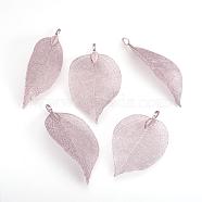 Electroplated Natural Leaf Big Pendants, with Iron Findings, Purple Plated, 50~80x20~35x1mm, Hole: 3x6mm(IFIN-Q119-03C)