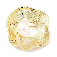 Brass Ribbon Brooch, Natural Baroque Pearl Jewely for Women, Real 14K Gold Plated, 44x44x22mm(JEWB-K011-02G)