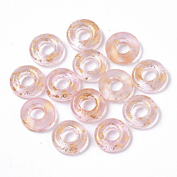 Transparent Spray Painted Glass European Beads, Large Hole Beads
, with Golden Foil, Donut, Pink, 11x3mm, Hole: 4mm(X-GLAA-N035-04C)