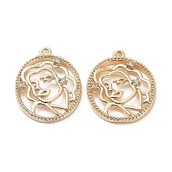 Brass Pendants, with Clear Cubic Zirconia, Flat Round, Real 18K Gold Plated, 19x14.5x2.5mm, Hole: 1.2mm(KK-Q785-04G)