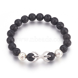 Stretch Bracelets, with Long-Lasting Plated Electroplated Natural Lava Rock, Natural Lava Rock and Brass Cubic Zirconia Beads, Claw, Platinum & Silver, 2-1/4 inch(5.6cm)(BJEW-G601-04P)