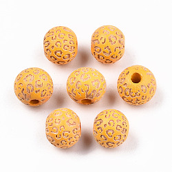 Painted Natural Wood Beads, Laser Engraved Pattern, Round with Leopard Print, Orange, 10x8.5mm, Hole: 2.5mm(X-WOOD-T021-53A-10)