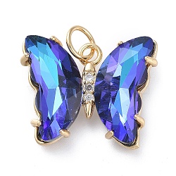 Brass Micro Pave Clear Cubic Zirconia Pendant, with Glass, Butterfly, Golden, Blue, 18mm(ZIRC-P079-B02-09)