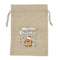 Christmas Printed Burlap Packing Pouches Drawstring Bags, Rectangle, Tan, Gingerbread Man, 18x13x0.01cm(ABAG-Q053-02B-06)