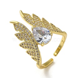 Rack Plating Brass Micro Pave Clear Cubic Zirconia Open Cuff Rings, with Glass, Wing, Real 18K Gold Plated, Inner Diameter: 18mm(RJEW-M162-03G)