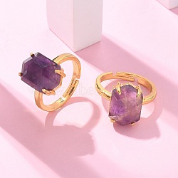 Hexagon Natural Amethyst Finger Rings, Golden Tone Brass Cuff Rings, Rack Plating, Long-Lasting Plated, Lead Free & Cadmium Free, Hexagon: 10x14mm, Inner Diameter: 17mm(RJEW-B113-02G-06)