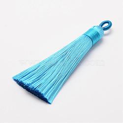 Polyester Tassel Big Pendant Decorations, Ice Silk Tassel, Deep Sky Blue, 60~67x8mm, Hole: 5x7mm(FIND-P022-02)