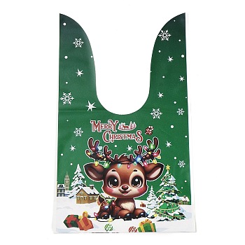 Christmas Theme Rabbit Shaped Candy Plastic Bags, Deer Printed Candy Gift Bags, Green, 23.2cm, Bag: 12.6x13.6cm