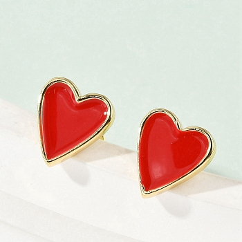 Brass Enamel Stud Earrings for Women, Heart, Real 18K Gold Plated, Real 18K Gold Plated, 10x9mm