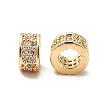 Brass Micro Pave Cubic Zirconia European Beads, Large Hole Beads, Real 18K Gold Plated, Column, Clear, 8.5x5mm, Hole: 5mm