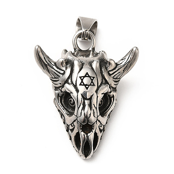 304 Stainless Steel Pendants, Goat Head with Star of David, Antique Silver, 42x33x13.5mm, Hole: 5.5x10mm
