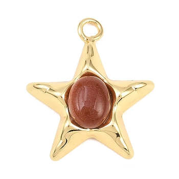 Synthetic Goldstone Pendants, Star Charms, with Brass Findings, Long-Lasting Plated, Rack Plating, Real 18K Gold Plated, 28x24x7.5mm, Hole: 3mm