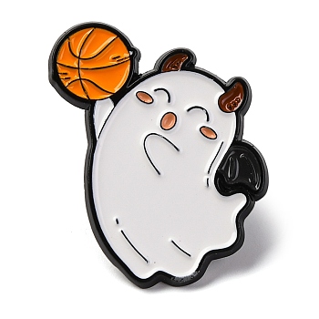 Halloween Enamel Pins, Alloy Brooches for Backpack Clothes, White, Ghost with Basketball, 30x25mm