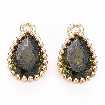 Brass Inlaid Cubic Zirconia Charms, Nickel Free, Long-Lasting Plated, Real 18K Gold Plated, Teardrop, Dark Olive Green, 8x5x2mm, Hole: 0.8mm