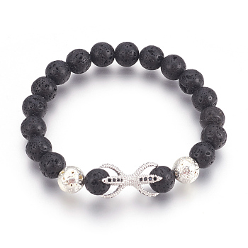 Stretch Bracelets, with Long-Lasting Plated Electroplated Natural Lava Rock, Natural Lava Rock and Brass Cubic Zirconia Beads, Claw, Platinum & Silver, 2-1/4 inch(5.6cm)