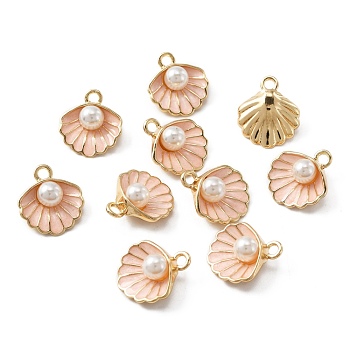 Alloy Pendants, with Enamel and Plastic Imitation Pearl Beads, Light Gold, Shell, Pink, 17x15x7mm, Hole: 2mm