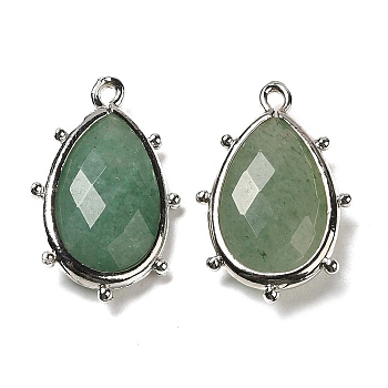 Natural Green Aventurine Pendants, with Platinum Brass Edge, Faceted, Teardrop, 22.5x14x5.5mm, Hole: 1.6mm.