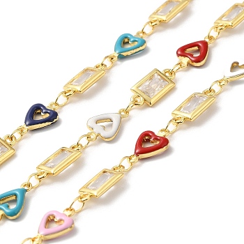 Handmade Enamel Heart Link Chains, Real 18K Gold Plated Brass Cubic Zirconia Rectangle Link Chains, Soldered, with Spool, Cadmium Free & Lead Free, Mixed Color, Rectangle: 12x6x2mm, Heart: 11x7x2mm