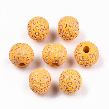 Painted Natural Wood Beads, Laser Engraved Pattern, Round with Leopard Print, Orange, 10x8.5mm, Hole: 2.5mm