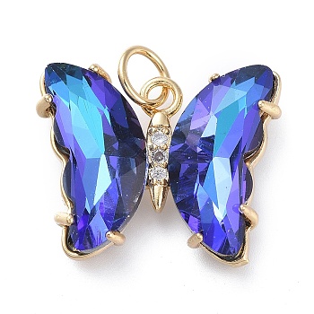 Brass Micro Pave Clear Cubic Zirconia Pendant, with Glass, Butterfly, Golden, Blue, 18mm