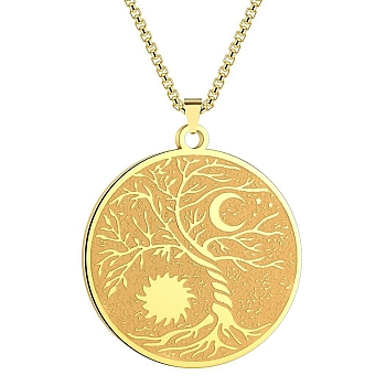 Stainless Steel Viking Moon Sun Tree of Life Flat Round Pendant Box Chain Necklaces, Golden, 23.62 inch(60cm)